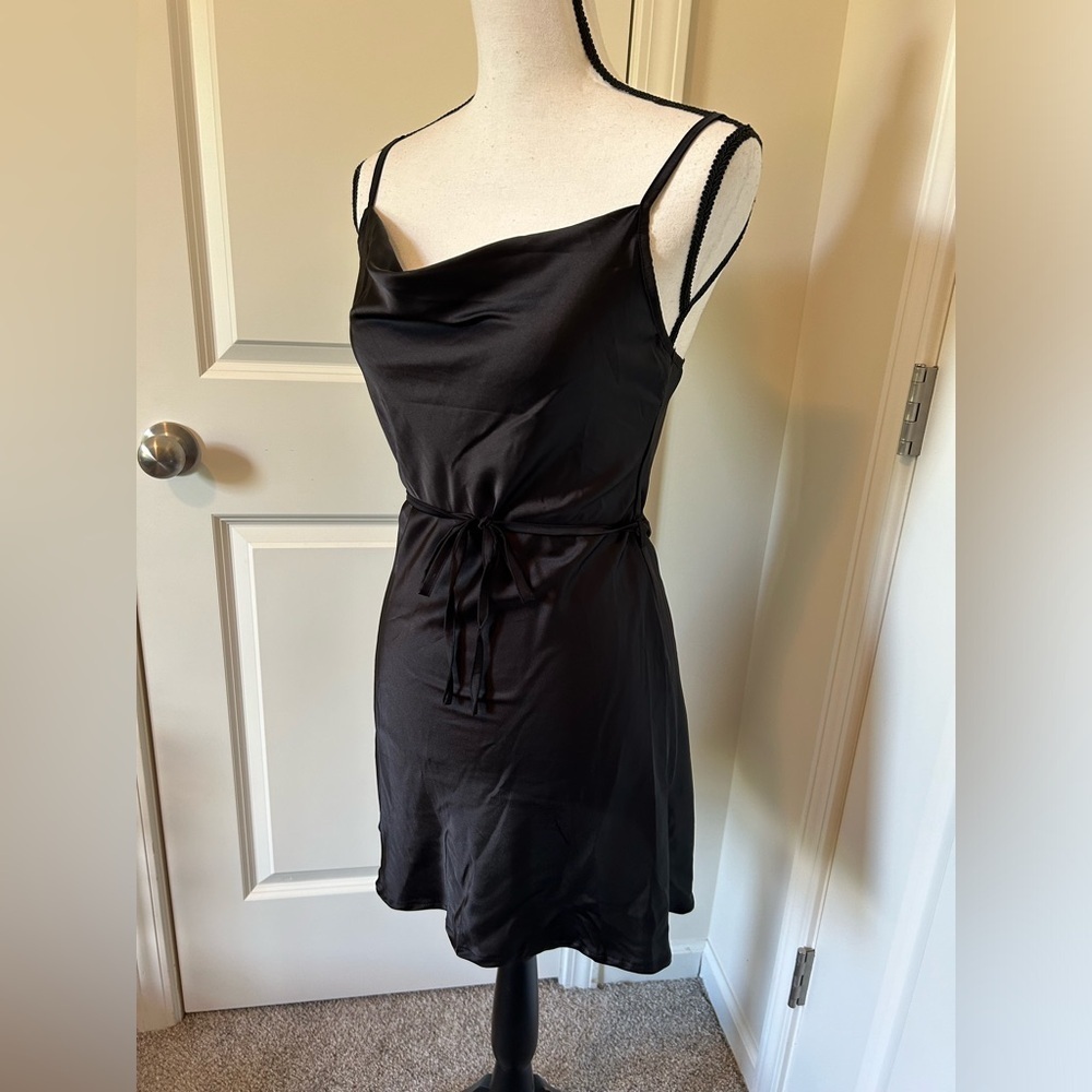 Black silk tie waist dress